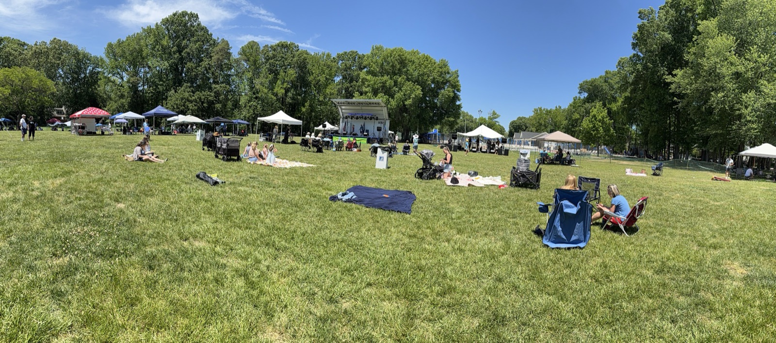 Sunny panorama of Waynewood Park — neighbors picnicking across the field at Waynewoodstock 2026